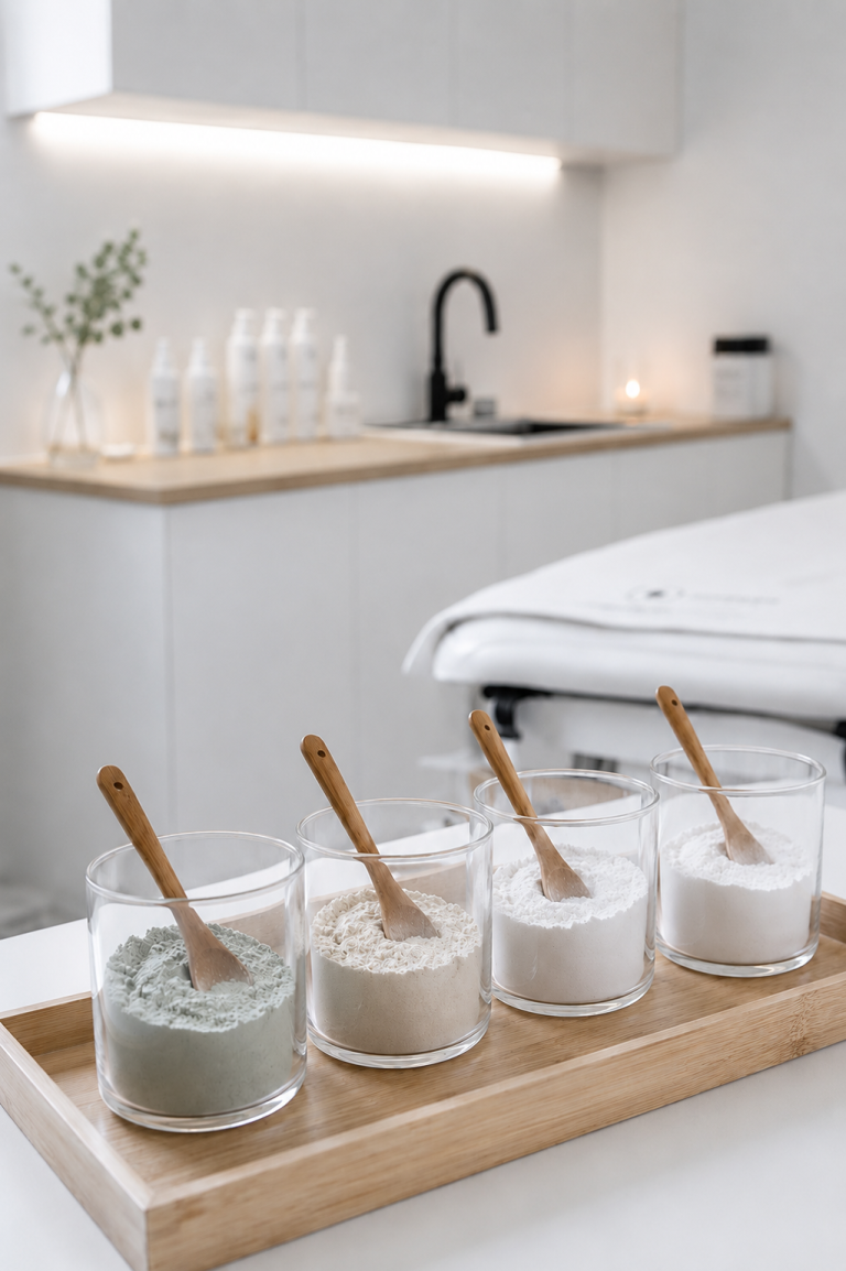 Bestandteile der natürlichen Mineralmaske von Studio hautbuild. Vier Gläser mit verschiedenen Pulvern auf einem Holztablett in einem modernen Raum.