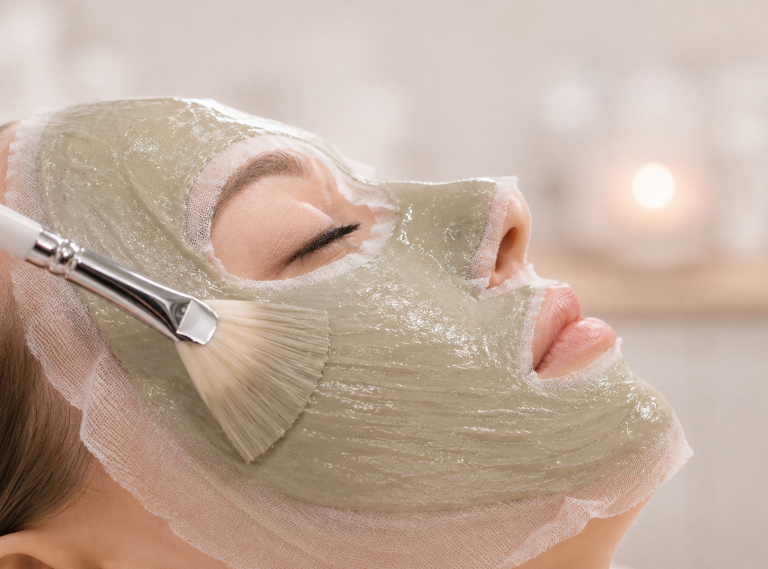 Anwendung der natürlichen Mineralmaske von Studio hautbuild. Frau mit grüner Gesichtsmaske entspannt, während sie sich eine Behandlung gönnt.